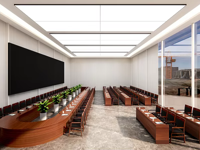 Modern Conference Room Interior With Large Black Screen Curved Table Green Plants And Recessed Lighting 3d model