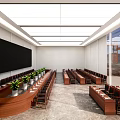 Modern Conference Room Interior With Large Black Screen Curved Table Green Plants And Recessed Lighting