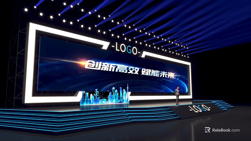 Modern Stage with Large Screen Blue Lighting and Steps for Innovation Event 3d model 