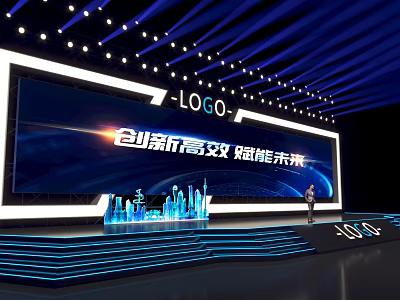 Modern Stage with Large Screen Blue Lighting and Steps for Innovation Event 3d model