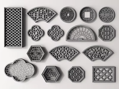 Traditional Chinese Decorative Lattice Windows In Various Shapes 3d model