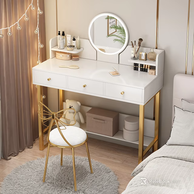 White Dressing Table with Golden Legs Round Mirror Cosmetics Storage and Green Plant in Bedroom 3d model 