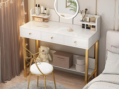 White Dressing Table with Golden Legs Round Mirror Cosmetics Storage and Green Plant in Bedroom 3d model
