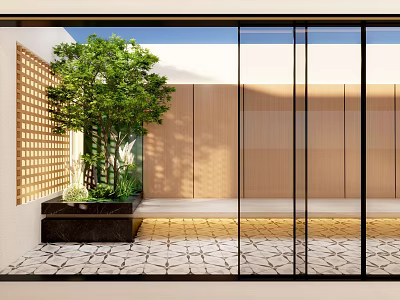 Modern Minimalist Storefront Facade With Glass Doors Wooden Panels Green Plants And Courtyard Stone Floor 3d model