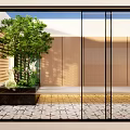 Modern Minimalist Storefront Facade With Glass Doors Wooden Panels Green Plants And Courtyard Stone Floor