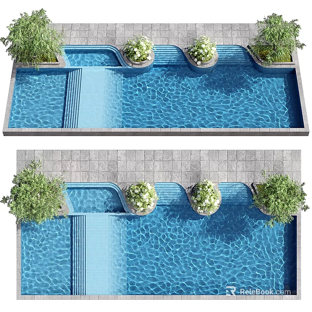 Modern Swimming Pool Design Featuring Blue Water And Decorative Plants On Tile Floor 3d model 