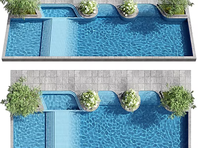 Modern Swimming Pool Design Featuring Blue Water And Decorative Plants On Tile Floor 3d model