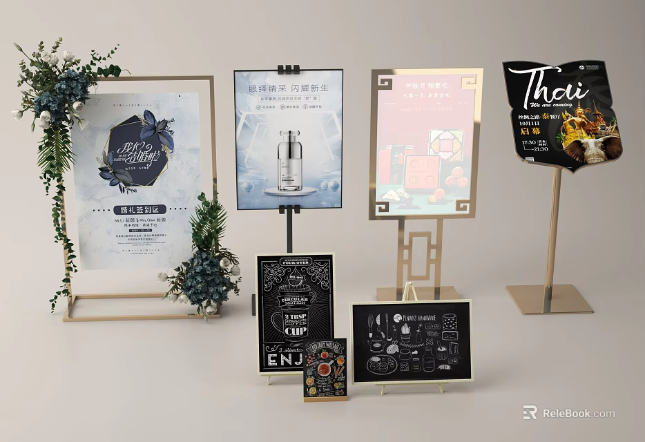 Billboards With Different Designs Green Plant Decorations Text And Patterns For Product Event Promotion 3d model 