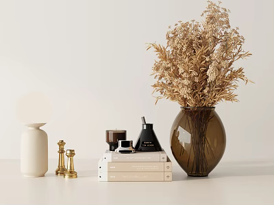 Decorative Ornament Set With Brown Vase Dried Flowers White Lamp Golden Figurines And Books 3d model