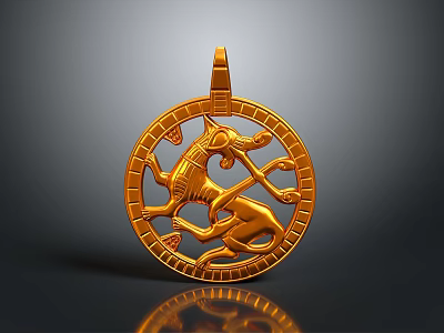 Ornate Gold Circular Pendant With Intricate Animal Carving For Fashion Accessory 3d model