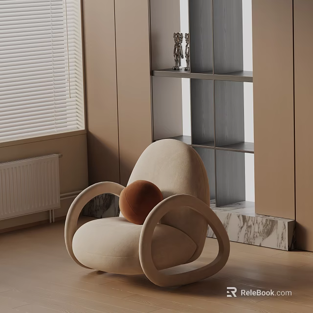 Leisure Chair With Curved Wood Armrests And Brown Round Cushion In Beige Room With Blinds 3d model 