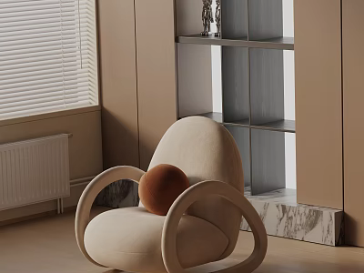 Leisure Chair With Curved Wood Armrests And Brown Round Cushion In Beige Room With Blinds 3d model