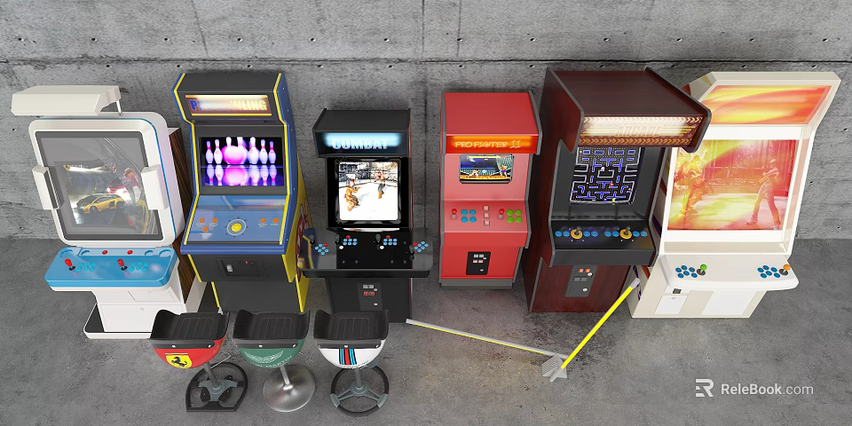 Colorful Different Styles Arcade Machines With Stools In Gray Wall Floor Setting 3d model 