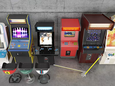 Colorful Different Styles Arcade Machines With Stools In Gray Wall Floor Setting 3d model