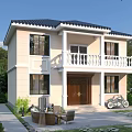 Two Story Detached Villa Featuring Beige Exterior Black Roof White Balcony And Front Yard Decor