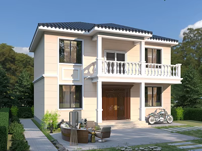 Two Story Detached Villa Featuring Beige Exterior Black Roof White Balcony And Front Yard Decor 3d model