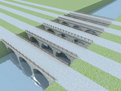 Multiple Stone Arch Bridges Over Water With Grassland And Stone Slab Road 3d model