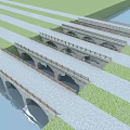 Multiple Stone Arch Bridges Over Water With Grassland And Stone Slab Road