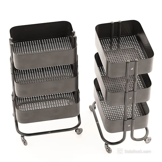Black Metal Rolling Multi Tier Storage Carts With Perforated Trays 3d model 