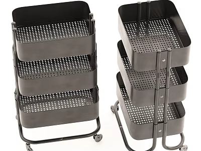 Black Metal Rolling Multi Tier Storage Carts With Perforated Trays 3d model