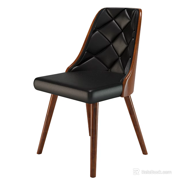 Elegant Modern Dining Chair With Black Leather Seat Diamond Tufted Backrest And Wooden Legs 3d model 
