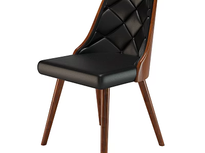 Elegant Modern Dining Chair With Black Leather Seat Diamond Tufted Backrest And Wooden Legs 3d model