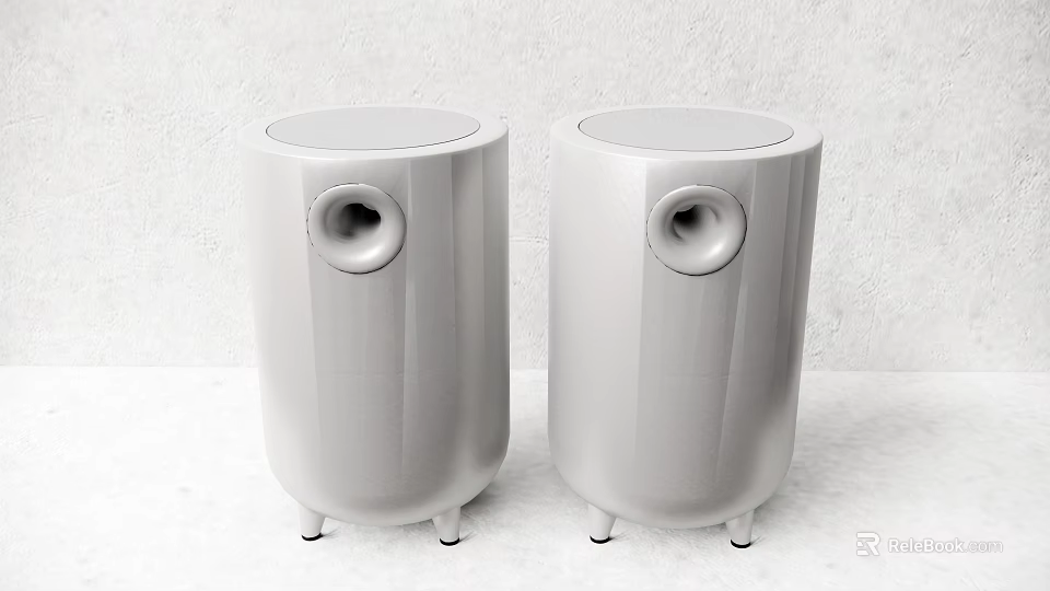 Two White Cylindrical Speakers With Round Speaker Holes And Small Feet At Bottom 3d model 