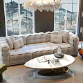 Plush Gray Tufted Sofa and Oval White Marble Coffee Table Set with Feather Chandelier