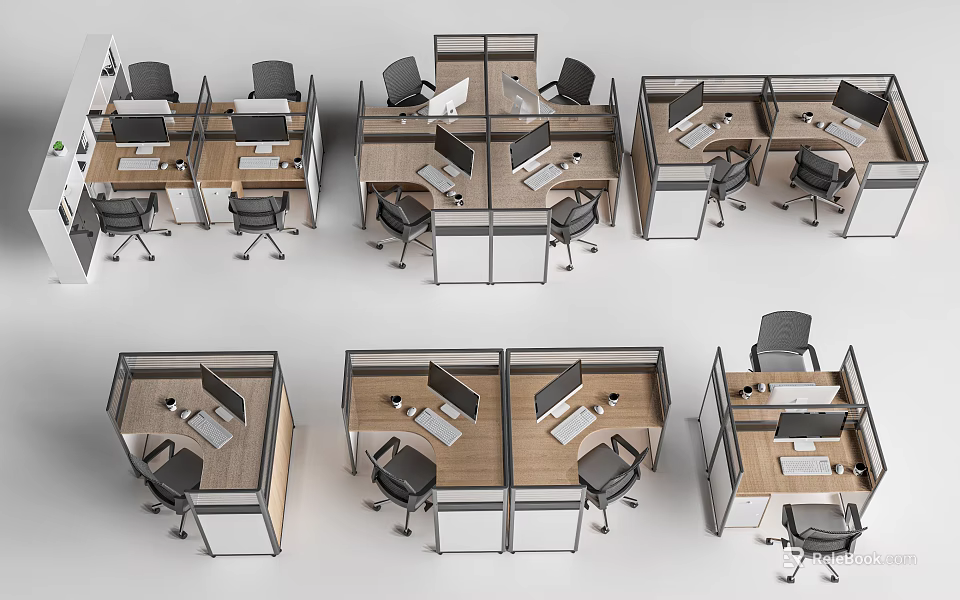 Modern Cubicle Office Workstations With Wooden Tops And Black Office Chairs 3d model 