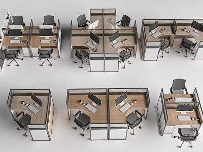 Modern Cubicle Office Workstations With Wooden Tops And Black Office Chairs 3d model