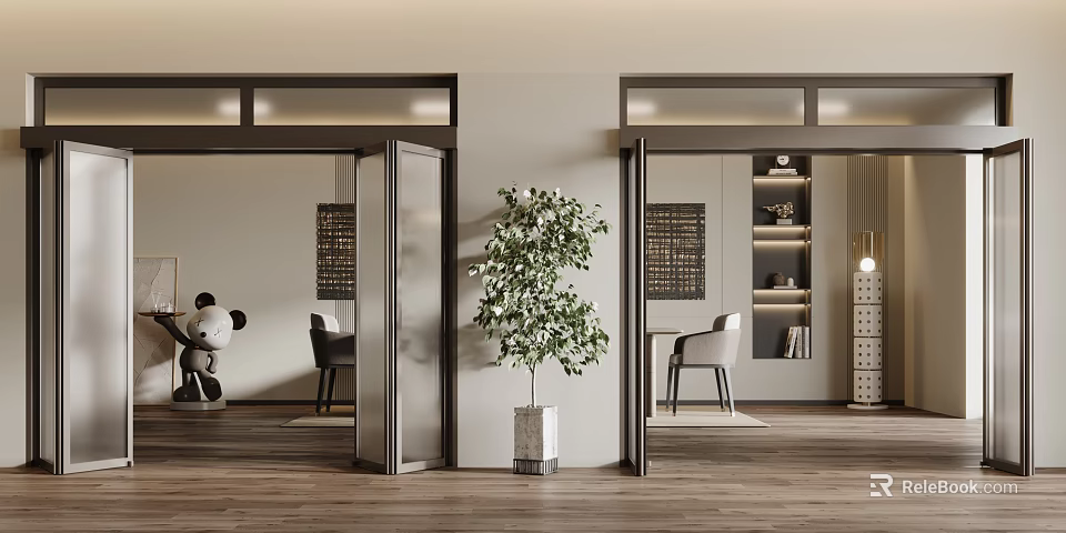 Modern Folding Door Interior Design With Green Plant Chair And Storage Shelves 3d model 