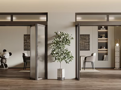Modern Folding Door Interior Design With Green Plant Chair And Storage Shelves 3d model