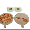 Delicious Fresh Pizza on Wooden Tray with Slices and Green Plates of Bread Rolls