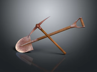 Crossed Shovel And Pickaxe With Wooden Handles And Metal Heads 3d model