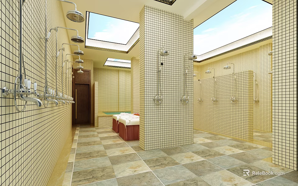 SPA Sauna Interior Design with Shower Facilities Skylights Tiled Walls and Flooring 3d model 