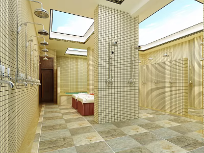 SPA Sauna Interior Design with Shower Facilities Skylights Tiled Walls and Flooring 3d model