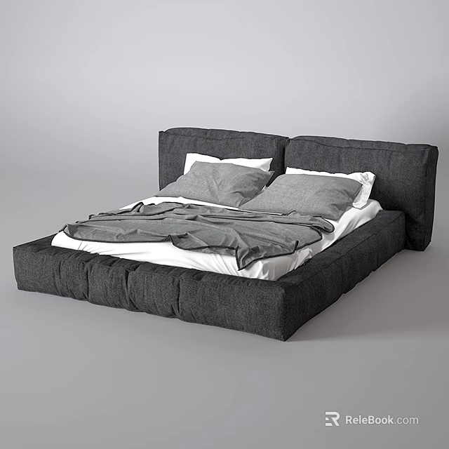 Modern Gray Double Bed With Two Pillows And Cozy Blanket Design 3d model