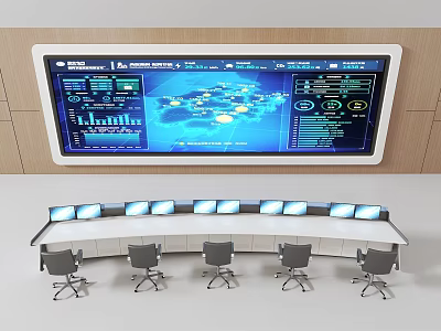 Control Room Setup Featuring Large Digital Screen With World Map Charts And Control Consoles 3d model