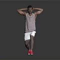 Man In Striped Tank Top White Shorts Red Sneakers Standing With Hands On Head
