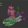 Steampunk Inspired Airship Design With White Sail Red Flag Blue Flame And Propellers