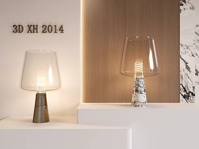 Stylish Table Lamps With Transparent Glass Shades And Metal Marble Bases Against Wooden Marble Walls 3d model