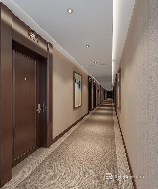 Hotel Corridor With Neutral Walls Dark Wooden Doors Recessed Lighting Carpeted Floor And Framed Artwork 3d model 