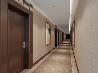 Hotel Corridor With Neutral Walls Dark Wooden Doors Recessed Lighting Carpeted Floor And Framed Artwork 3d model