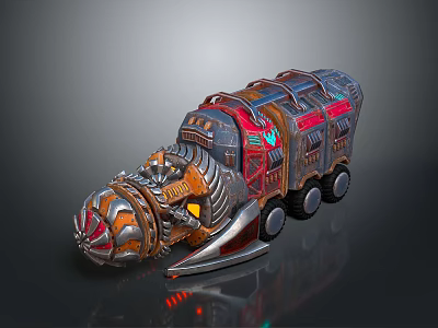 Futuristic Mechanical Vehicle with Metallic Structure Red Blue Lights and Wheels in Sci Fi Design 3d model