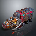 Futuristic Mechanical Vehicle with Metallic Structure Red Blue Lights and Wheels in Sci Fi Design