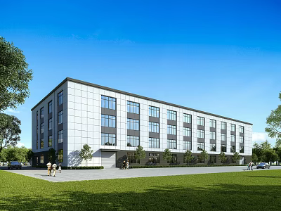 Modern Industrial Factory Building With White Facade Large Windows Green Lawn And Trees 3d model