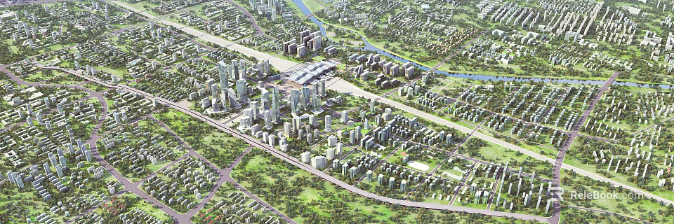Aerial City Planning View With High Rise Buildings Roads River And Green Spaces 3d model 