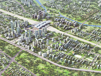 Aerial City Planning View With High Rise Buildings Roads River And Green Spaces 3d model