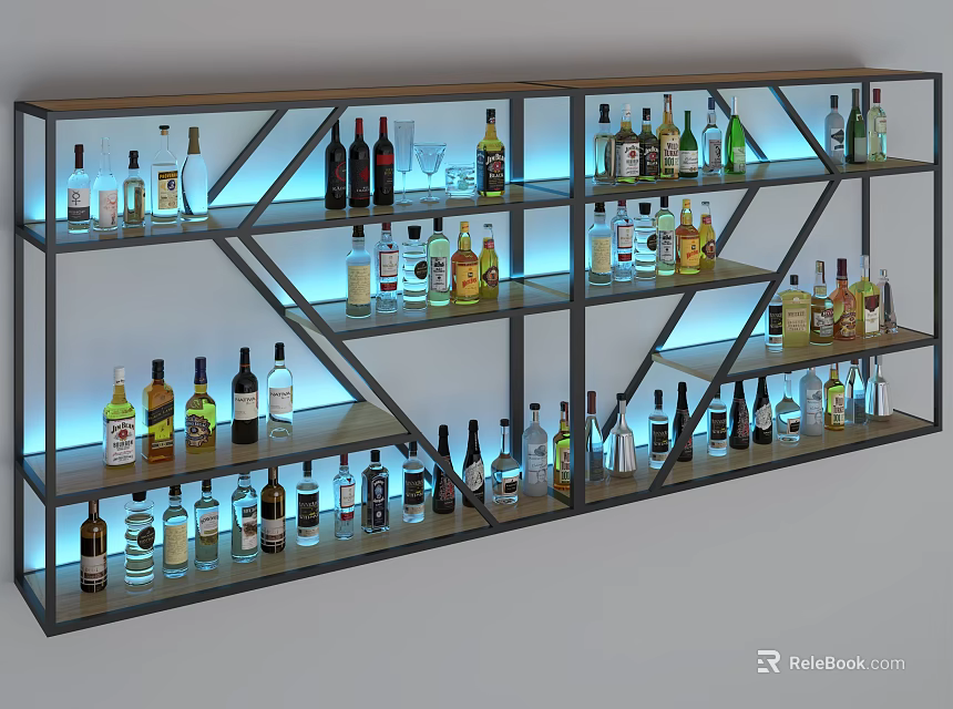Display Shelf With Multi Tiered Design For Wine Bottle Display And Blue Lighting 3d model 