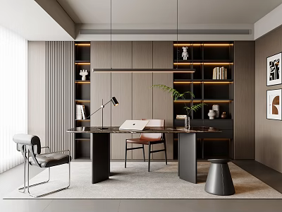 Modern Study Room Interior With Desk Laptop Bookshelves Hanging Lights And Decorations 3d model